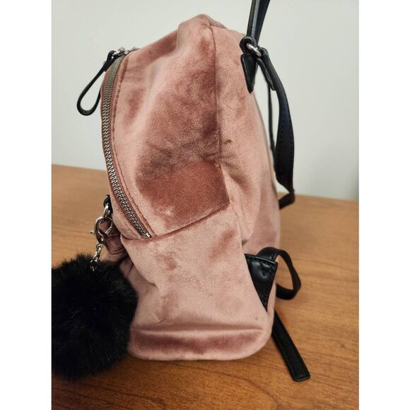 Guess small velvet feel pink backpack with black straps and pom. Measures approx - Picture 4 of 12